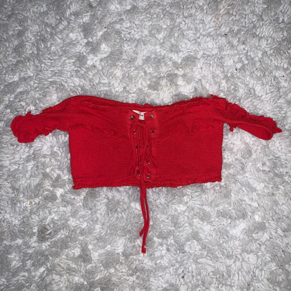 American Threads Red Off-the-Shoulder Crop Top